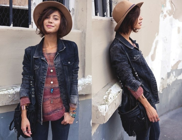 Fedora hat -brun-streetstyle-denim jakke-sweater-boho-jeans-casual