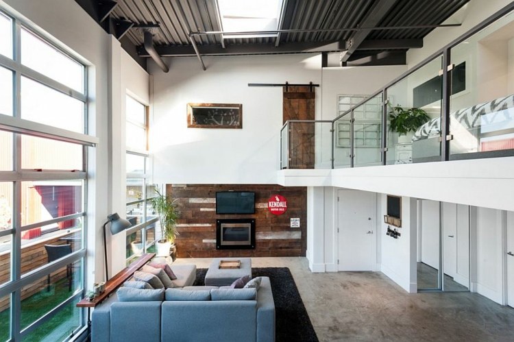 loft interiør lader træ væg enhed design sofa
